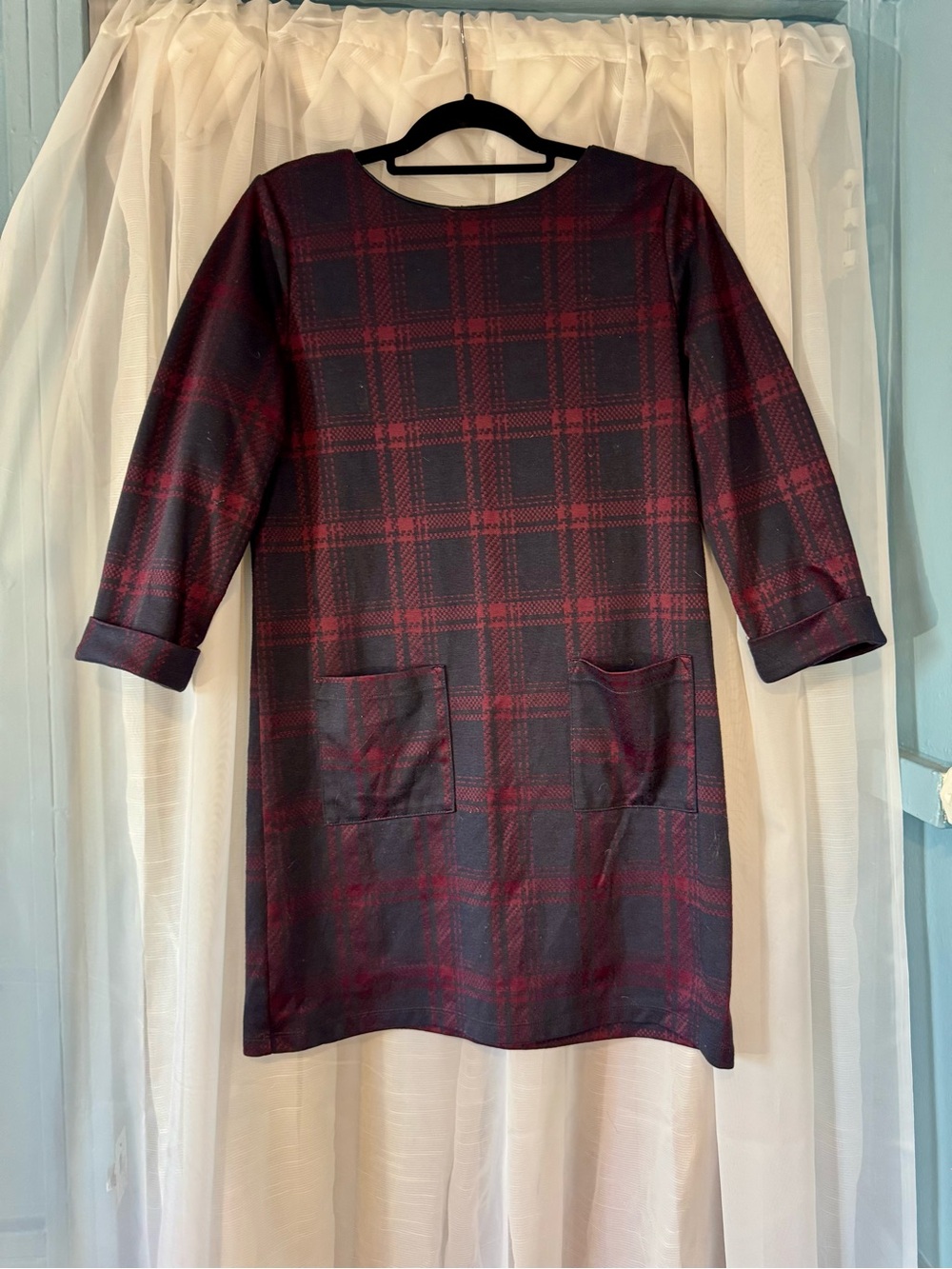 Primark Burgundy and Black Plaid Long Sleeve Shift Dress